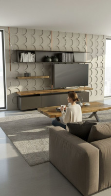 Modern TV stand with wall shelves, luxury storage cabinets, natural walnut
