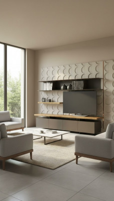 Modern TV stand with wall shelves, luxury storage cabinets, natural walnut
