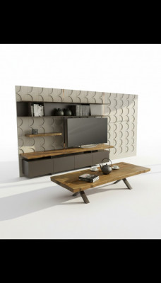 Modern TV stand with wall shelves, luxury storage cabinets, natural walnut