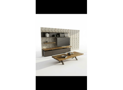 Modern TV stand with wall shelves, luxury storage cabinets, natural walnut
