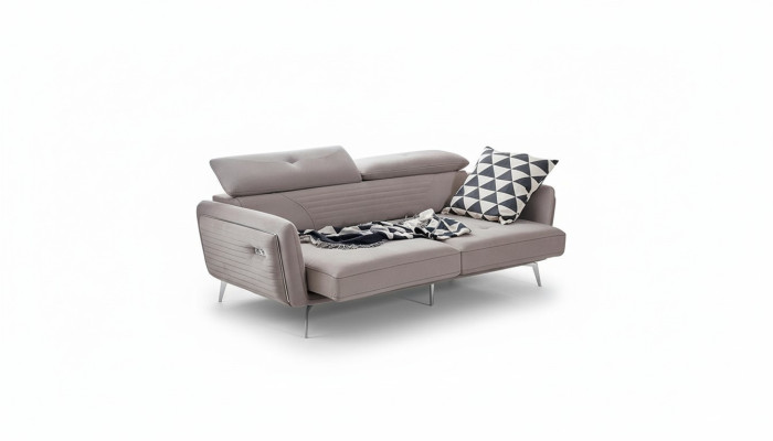 Luxurious, fashionable two-seater sofa with fabric upholstery on high legs