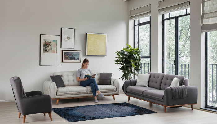 Furniture suite 3 + 3 + 1 in modern style, medium-soft fabric, gray, new
