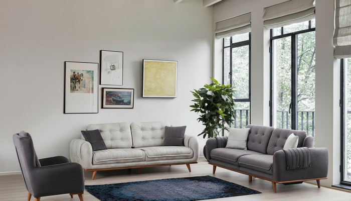 Furniture suite 3 + 3 + 1 in modern style, medium-soft fabric, gray, new
