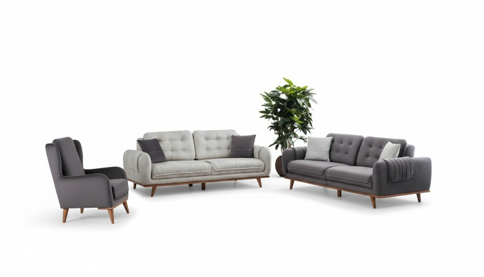 Furniture suite 3 + 3 + 1 in modern style, medium-soft fabric, gray, new