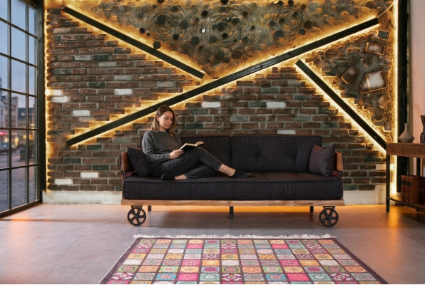 Black fabric couch on wheels loft design with wooden corpus sofa furniture