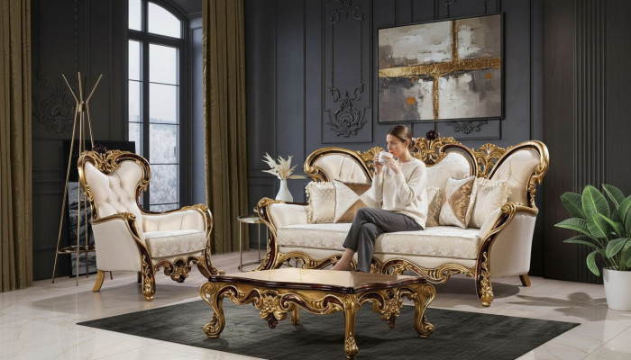 Sofa Set 3+1 Seater Gold Coffee Table Classic Living Room Set 3-piece.