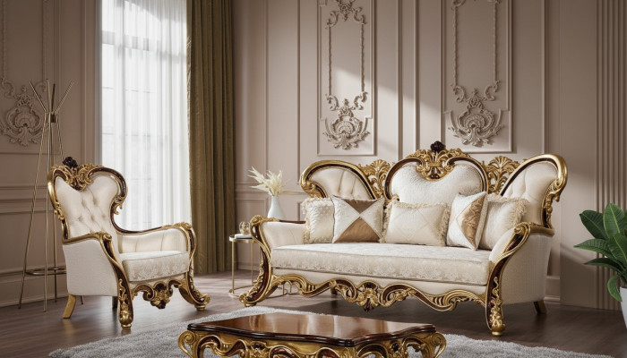 Sofa Set 3+1 Seater Gold Coffee Table Classic Living Room Set 3-piece.