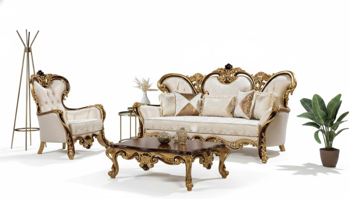 Sofa Set 3+1 Seater Gold Coffee Table Classic Living Room Set 3-piece.