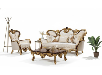 Sofa Set 3+1 Seater Gold Coffee Table Classic Living Room Set 3-piece.
