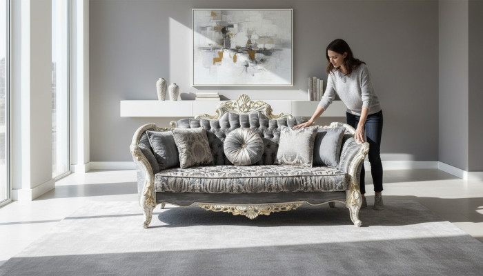 Baroque Sofa 3-Seater Gray Living Room Classic Design Sofa Couch Textile