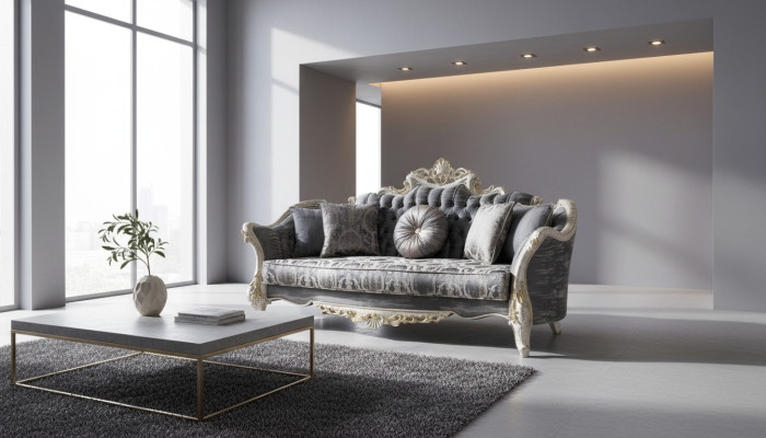 Baroque Sofa 3-Seater Gray Living Room Classic Design Sofa Couch Textile