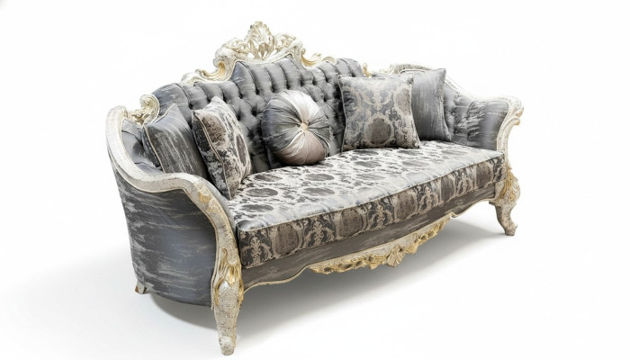 Baroque Sofa 3-Seater Gray Living Room Classic Design Sofa Couch Textile