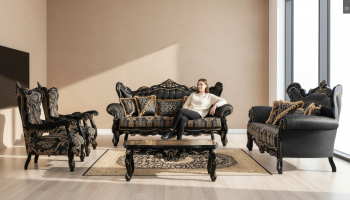 Sofa Set 3+3+1+1 Seater Coffee Table Living Room Luxury Black Sofa Suite New