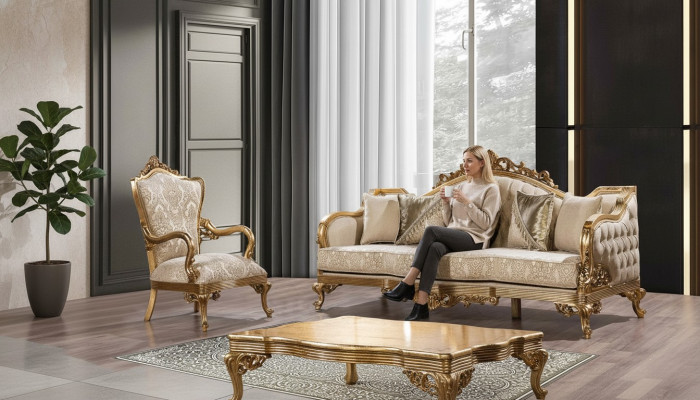 Golden Couch Classic Sofa Set Upholstered Furniture 3+1 Coffee Table Fabric