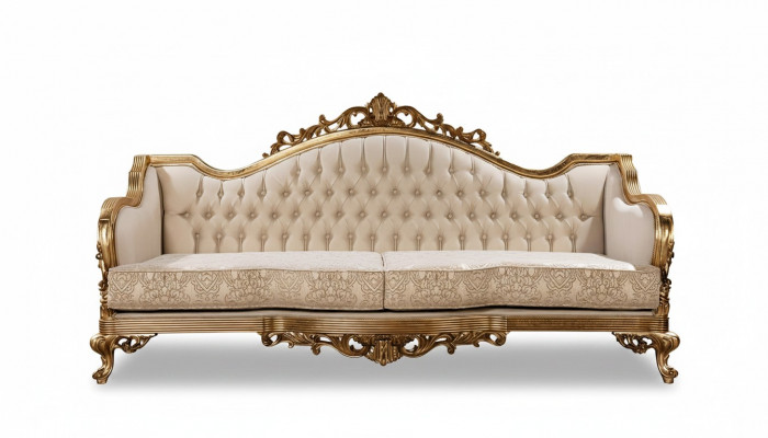 Three-seater classic baroque rococo upholstered sofa in golden wood quality