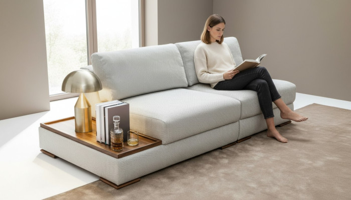 Sleek, modern 2-seater soft sofa with integrated wooden table and wide seat