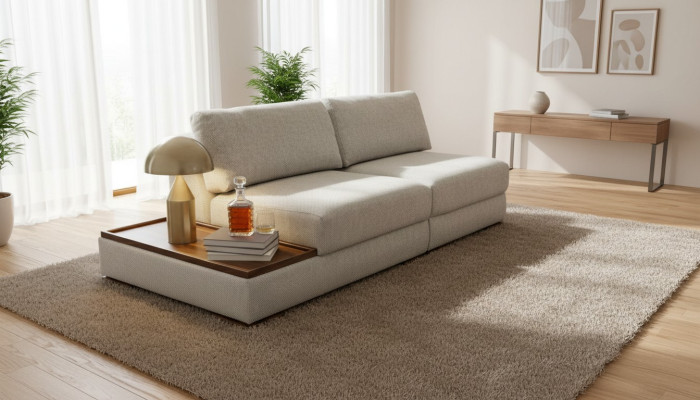Sleek, modern 2-seater soft sofa with integrated wooden table and wide seat