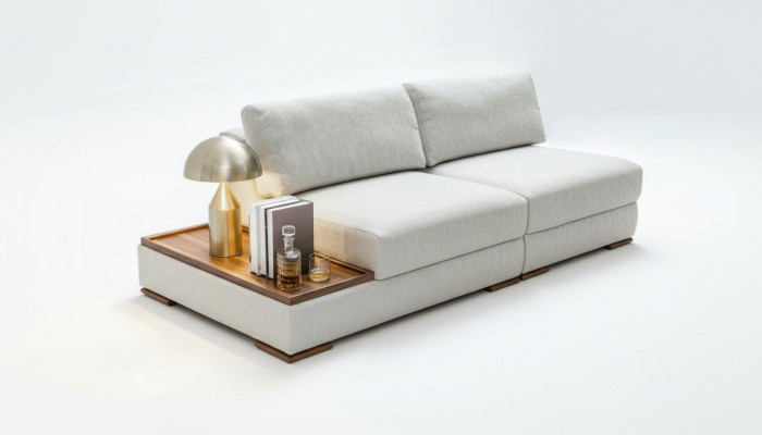 Sleek, modern 2-seater soft sofa with integrated wooden table and wide seat