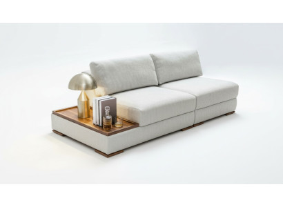 Sleek, modern 2-seater soft sofa with integrated wooden table and wide seat