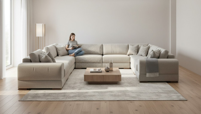 U-shaped sectional sofa in gray, luxury design furniture, living landscape, fabric