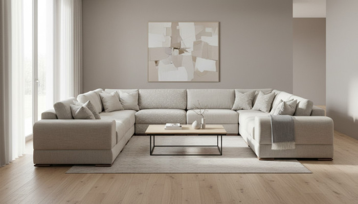 U-shaped sectional sofa in gray, luxury design furniture, living landscape, fabric
