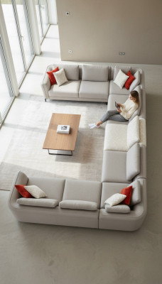 Luxury U-shaped sectional sofa, beige upholstery, modern style, new.