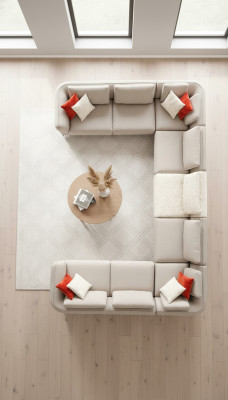 Luxury U-shaped sectional sofa, beige upholstery, modern style, new.