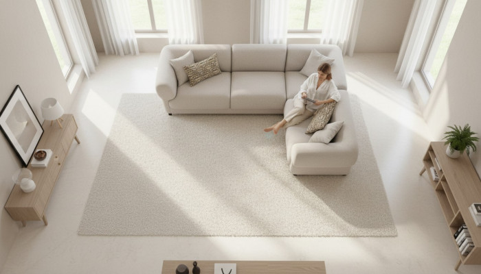 L-shaped beige upholstered sofa, living room furniture, textile, modern style.