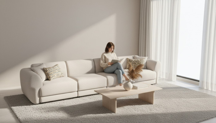 Large beige attractive 6-seater sofa in a simple design made from premium materials