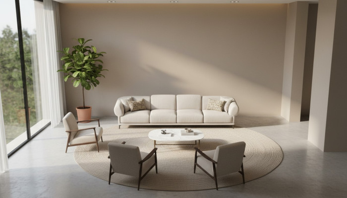 Large beige attractive 6-seater sofa in a simple design made from premium materials