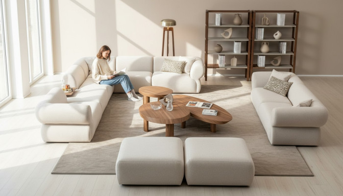 Living Room Sofa Set L-Shape 3-Seater Stool Set Modern Design