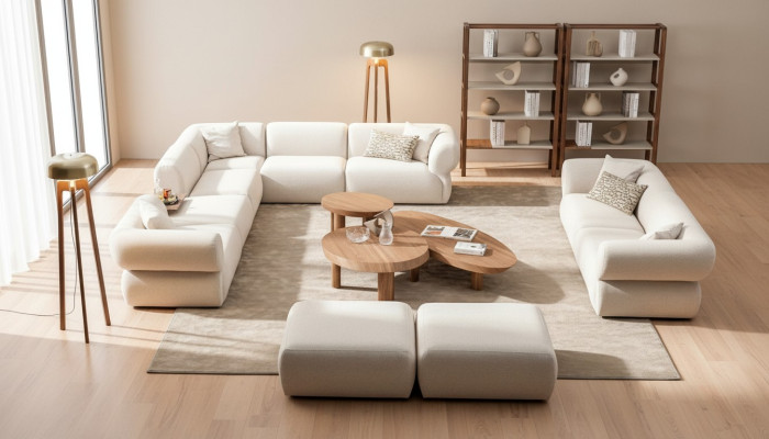 Living Room Sofa Set L-Shape 3-Seater Stool Set Modern Design