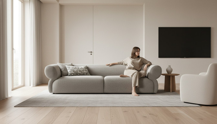 3-seater beige sofa, luxury sofa, living room, modern design, upholstery, new