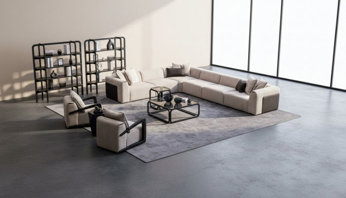 Modern sofa set L-shaped couch with armchair gray corner couch textile sofa