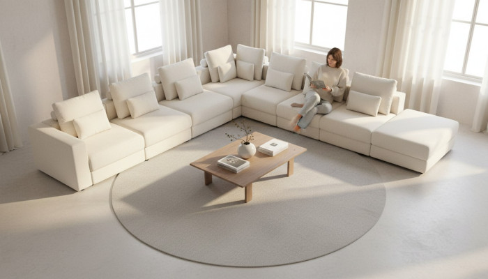 Corner sofa, L-shaped sofa, upholstered sofa, living room design, modern textile furniture