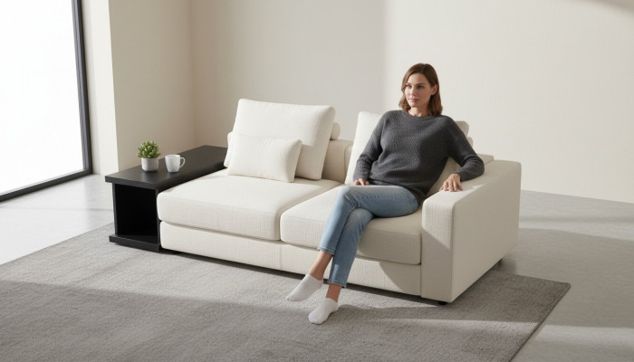 White luxury three-seater upholstered sofa living room furnishing textile sofas
