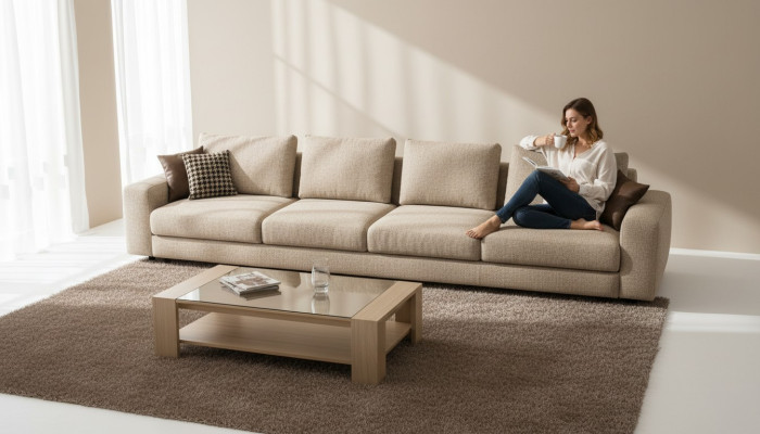 Large beige sofa, upholstered furniture, six-seater designer suite, textile