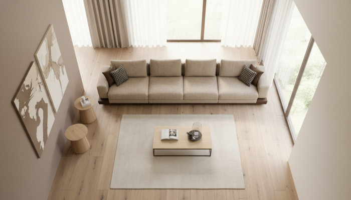 Large beige sofa, upholstered furniture, six-seater designer suite, textile