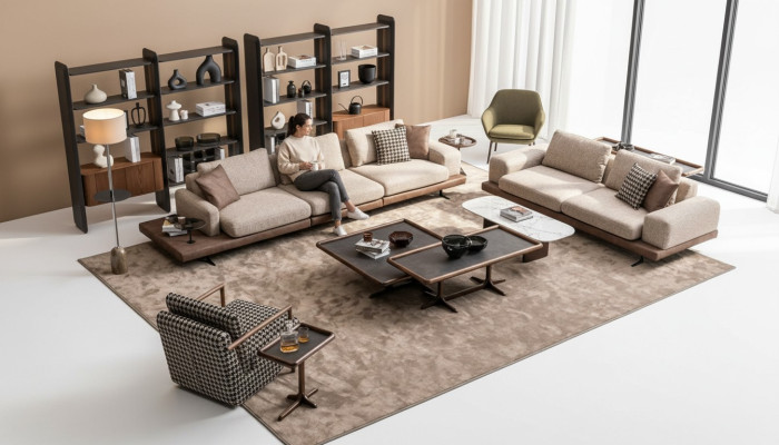 Brown textile sofa set living room couch three-seater luxury wooden furniture