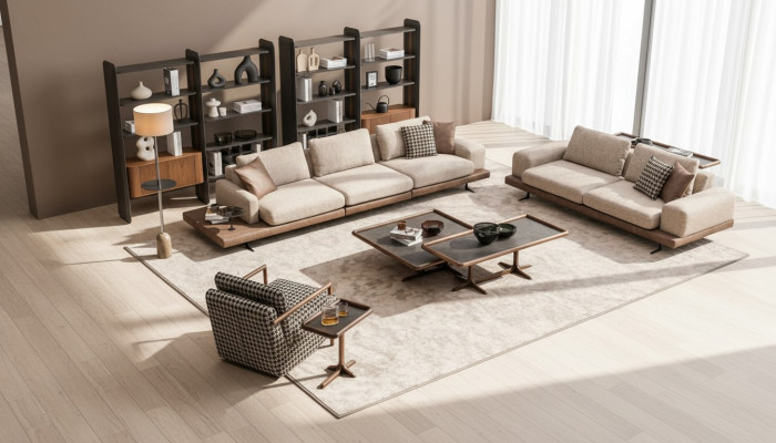 Brown textile sofa set living room couch three-seater luxury wooden furniture