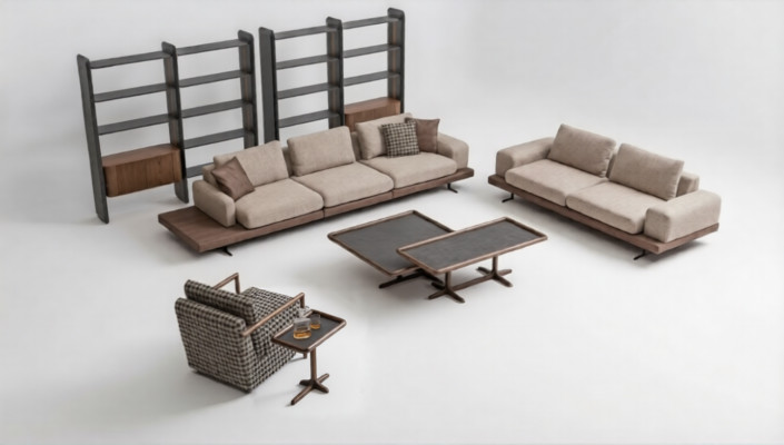 Brown textile sofa set living room couch three-seater luxury wooden furniture