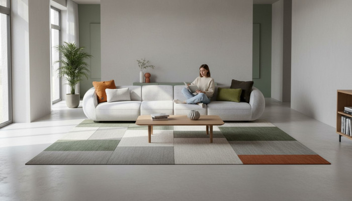Gray living landscape six-seater upholstered fabric sofa corner lounge modern