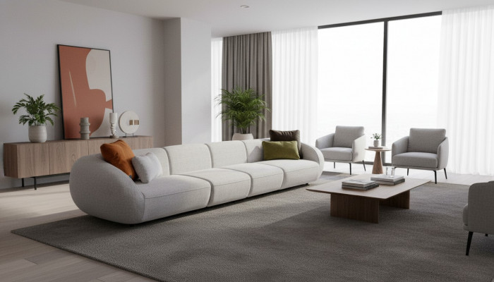 Gray living landscape six-seater upholstered fabric sofa corner lounge modern