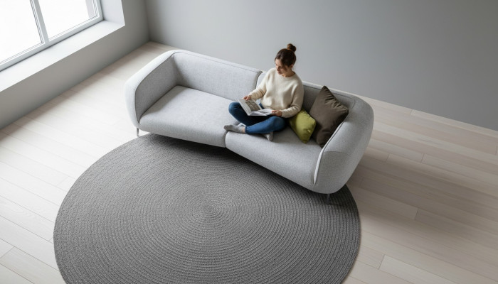 Designer grey seating sofa, upholstered furniture, living room, modern four-seater, new
