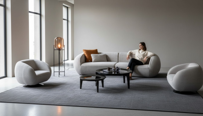 Gray luxury sofa set, four-seater armchair, luxury couches, textile furniture.
