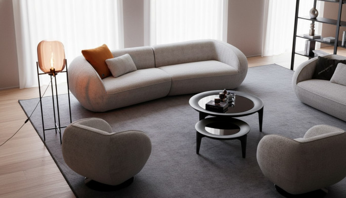 Gray luxury sofa set, four-seater armchair, luxury couches, textile furniture.