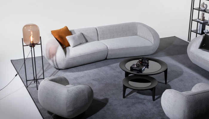 Gray luxury sofa set, four-seater armchair, luxury couches, textile furniture.