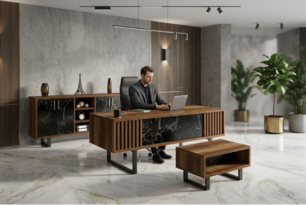 Desk office set with a marble table and office cabinet, 4-piece set.