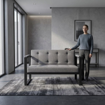 Designer gray two-seater bench with textile upholstery for office furniture
