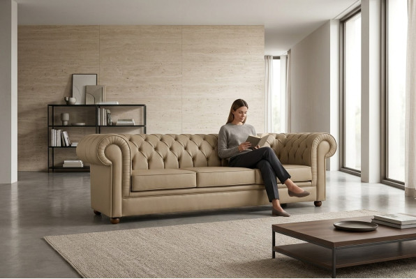 Beige Chesterfield three-seater office furniture sofa upholstered sofas luxury furniture